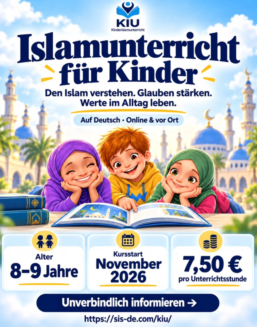 Aktueller KIU-Kursflyer: 8 bis 9 Jahre, November 2026, 7,50 Euro pro Unterrichtsstunde; auf Deutsch, online und vor Ort.