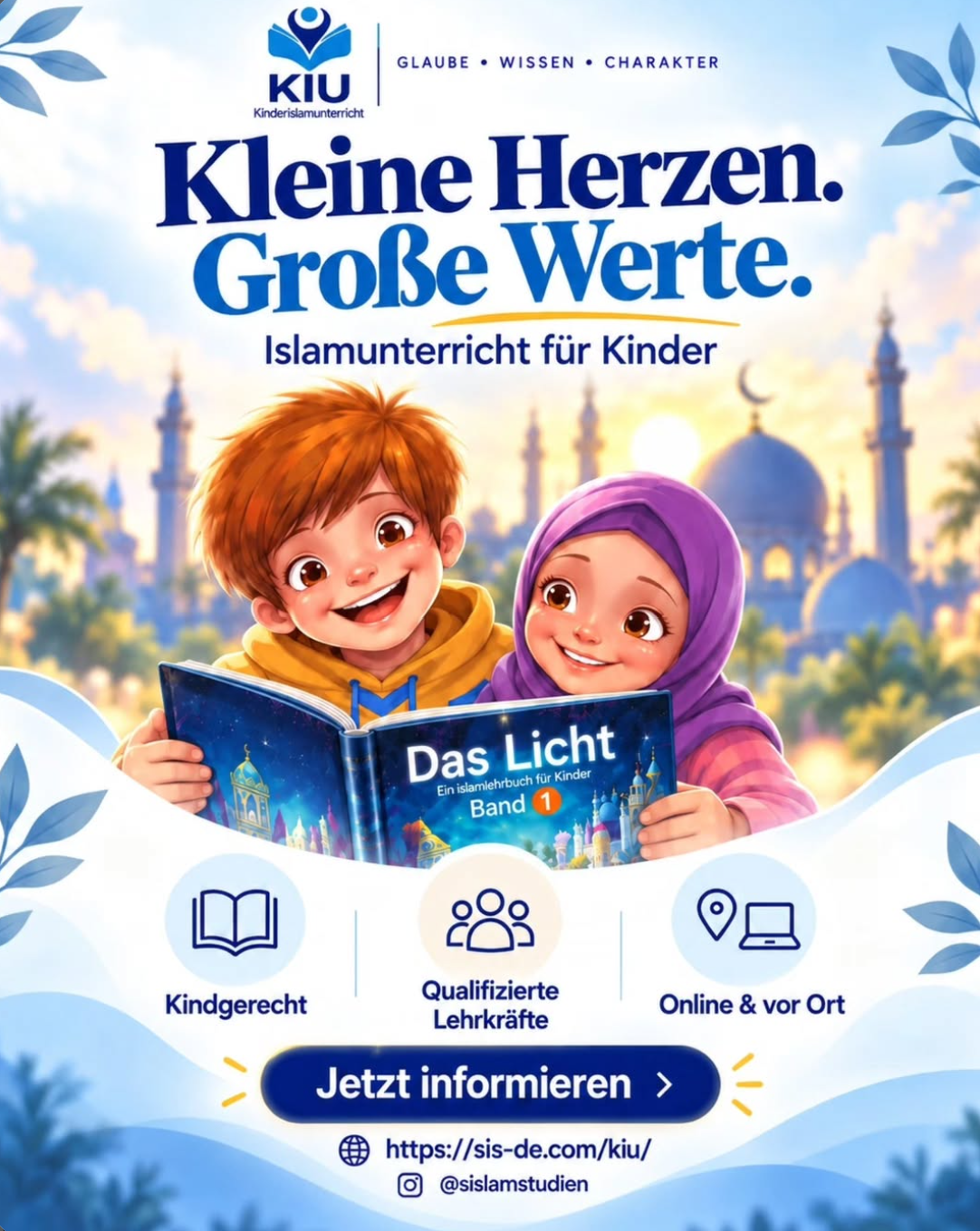 KIU-Flyer Kleine Herzen. Große Werte. mit zwei Kindern und dem Lehrbuch Das Licht.